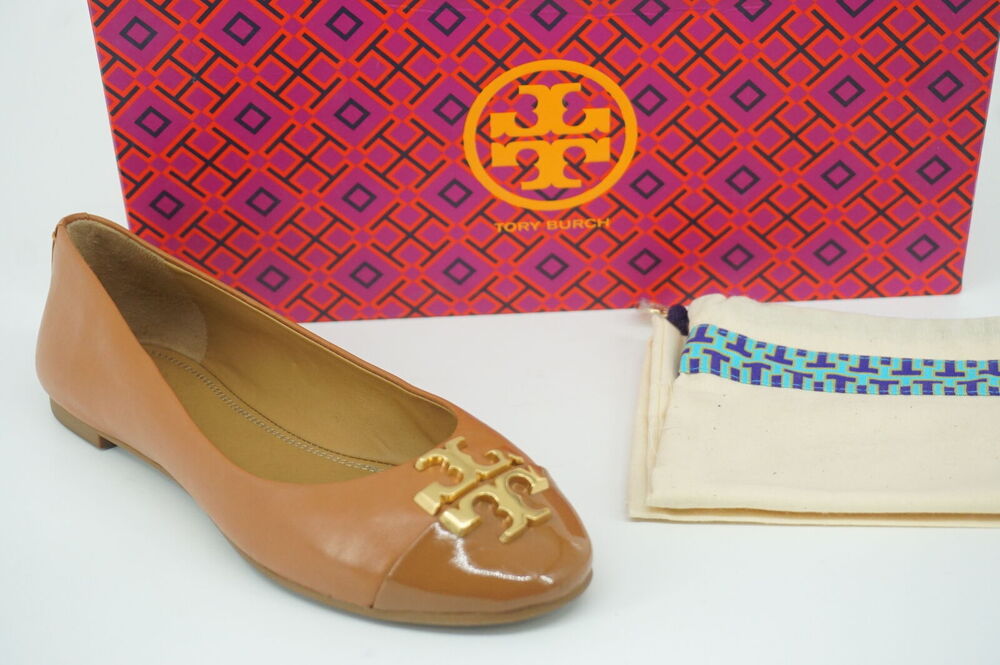 TORY BURCH Everly Cap Toe Ballerina Flats Gold Logo Ballet Tan Leather Size 5